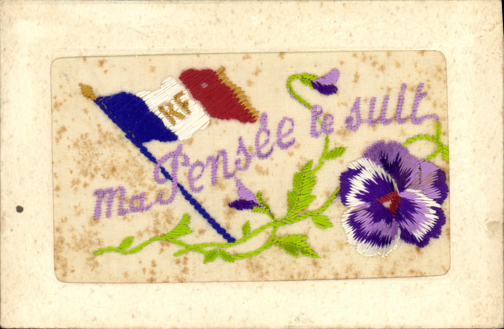 CPA Fantaisie Fleurs Ma pensee te suit Brodee