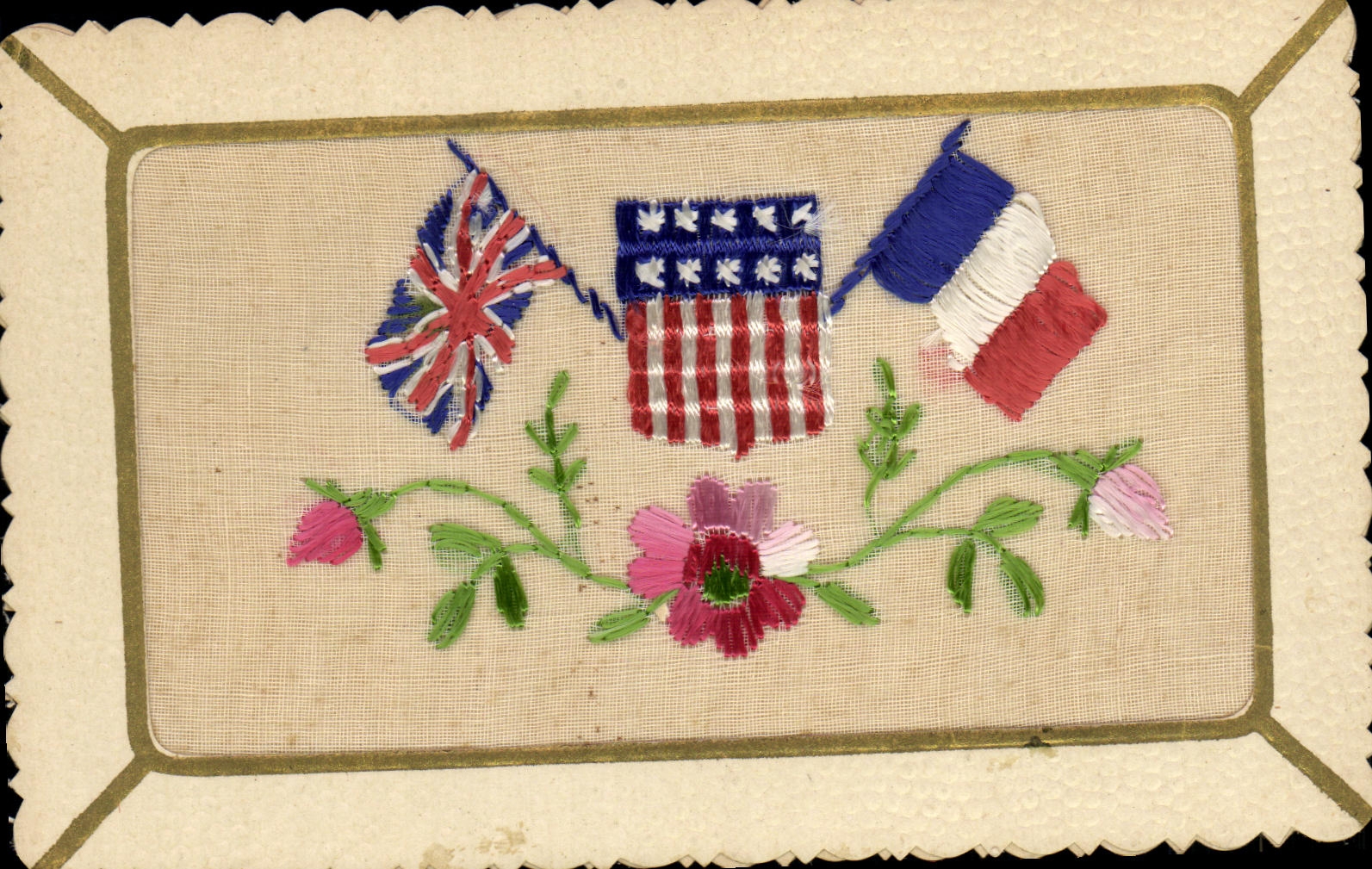 CPA Fantaisie Fleurs Drapeau France Etats unis Militaria Brodee