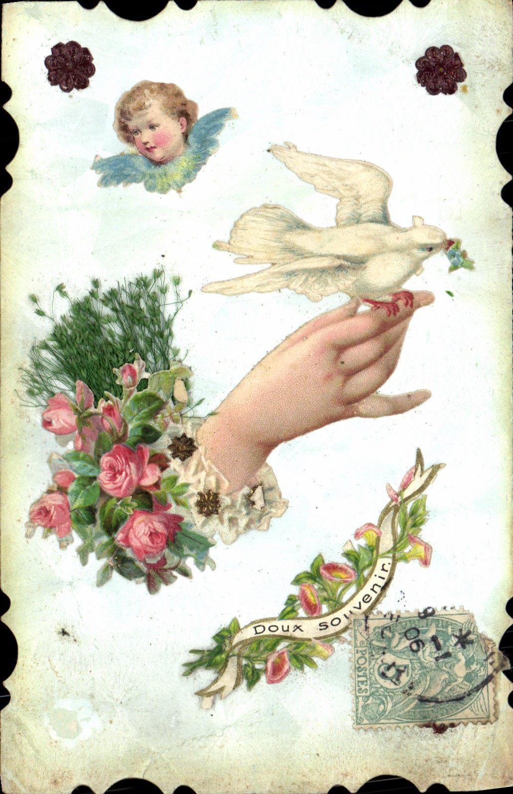 CPA Fantaisie Fleurs Ange Colombe