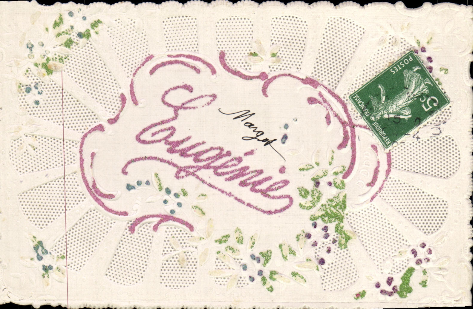 CPA Fantaisie Fleurs carte brodee Eugenie