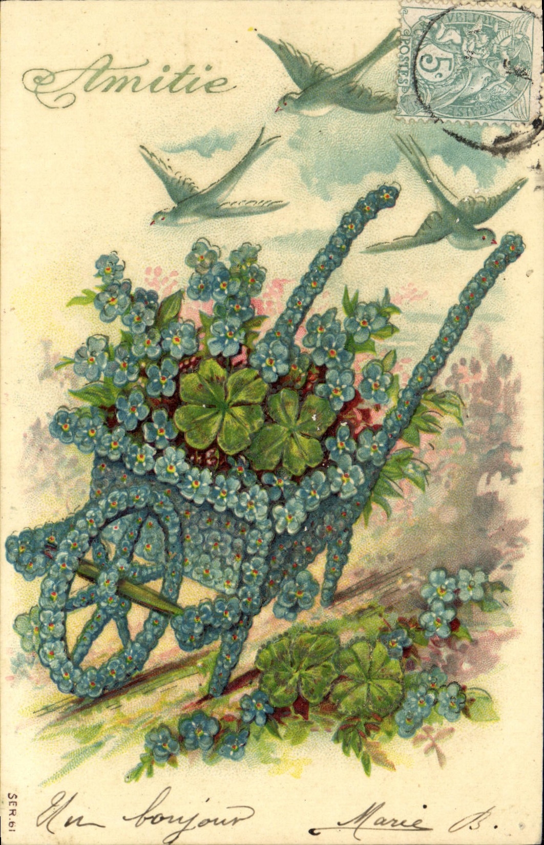 Amicitie — Carte postale décorative avec chariot de fleurs et oiseaux — Éditeur SER 61