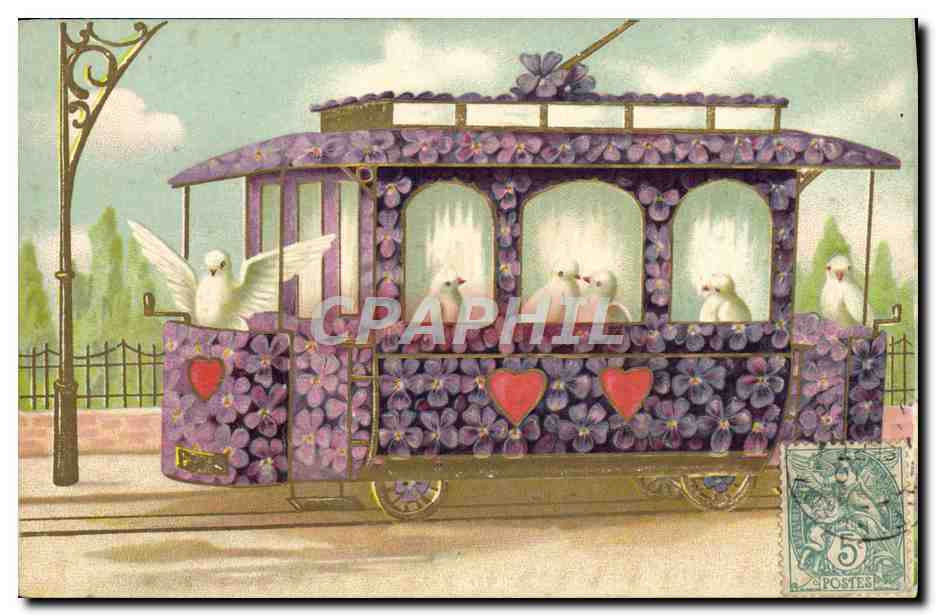 Tramway décoré de violets et de colombes — K. F. Editeurs, Paris, Série 1904