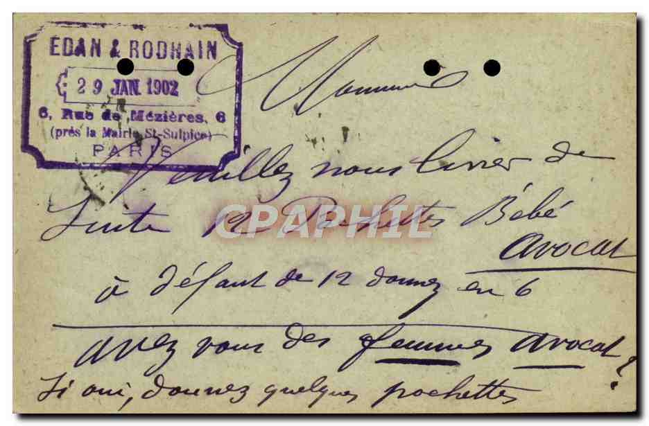 Carte Edan & Rodhain Rue de Mezieres pres la Mairie St Sulpice Paris 