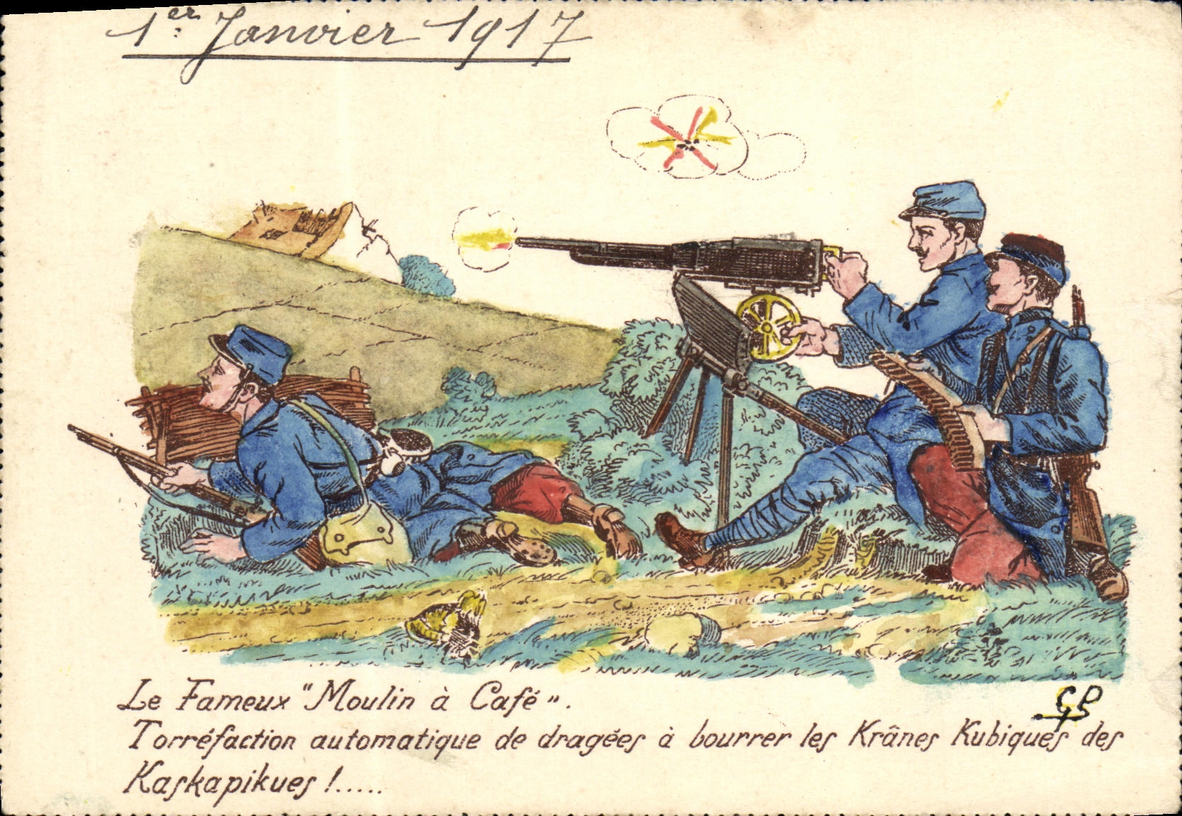 CPA Militaria Mitraillette Le fameu moulin a cafe