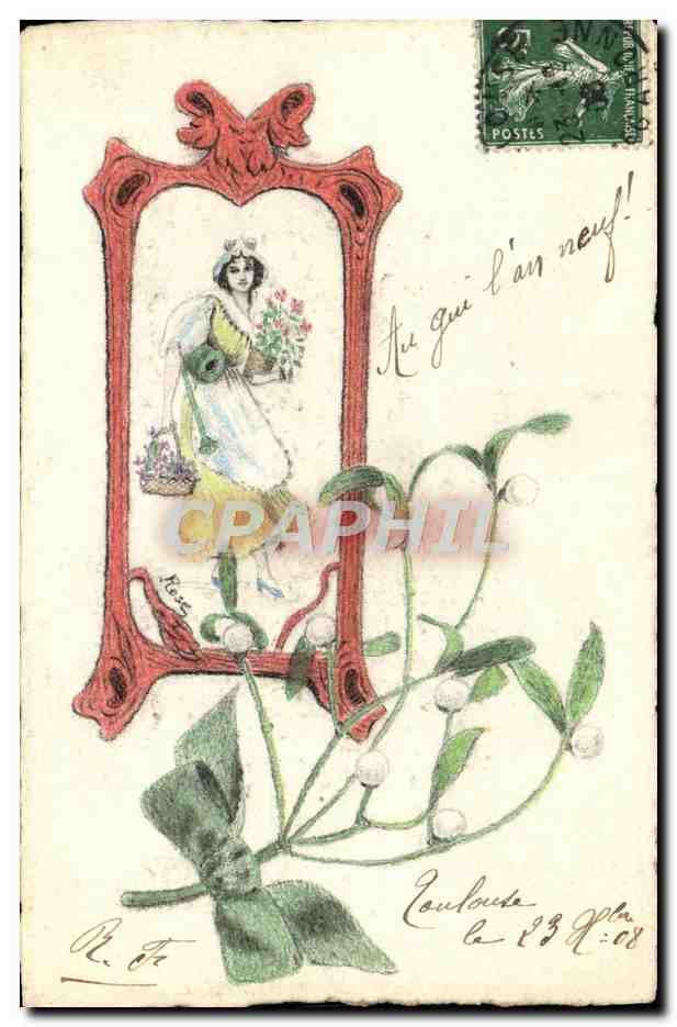 Femme dans un cadre rouge — décor de gui — éditeur non visible