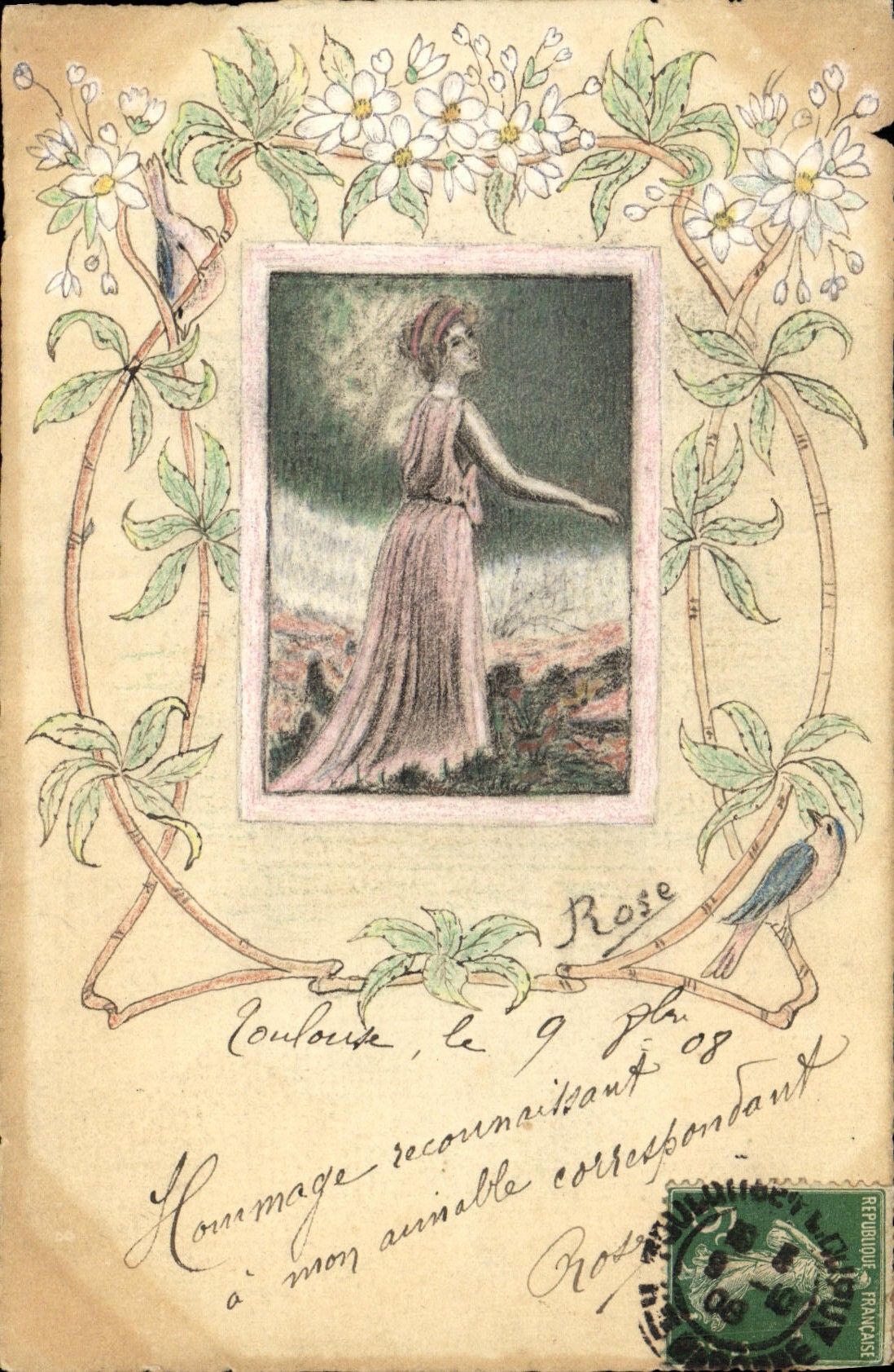 Vrouw in roze jurk — bloemmotief en vogels — uitgever Reproduction Française, n° 38