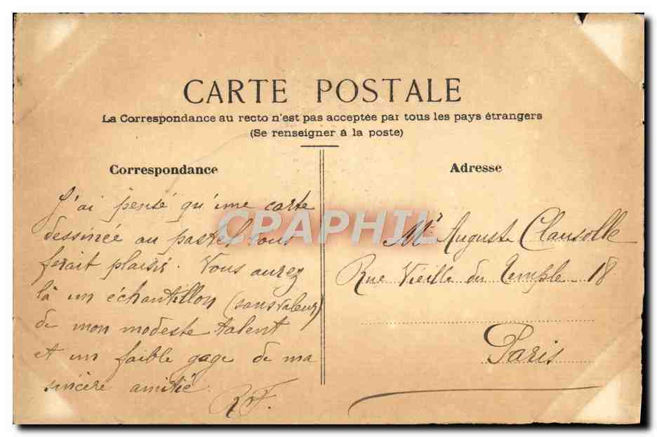 Vrouw in roze jurk — bloemmotief en vogels — uitgever Reproduction Française, n° 38 — Achterkant