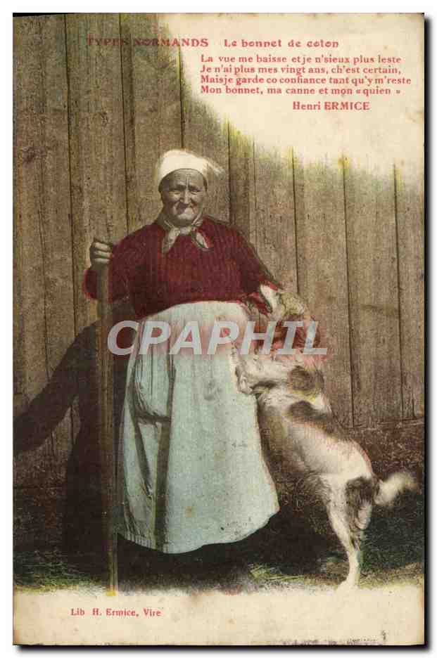 CPA Types Normands Le bonnet de coton Folklore Chien 