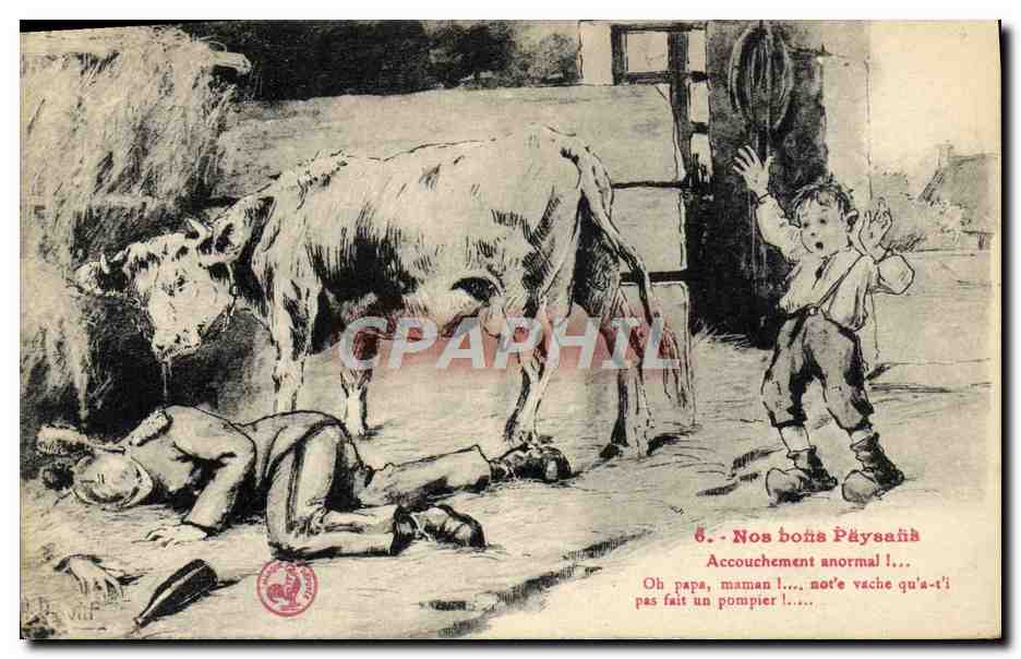 Accouchement anormal — scène humoristique avec vache et enfant — dessin de A. David