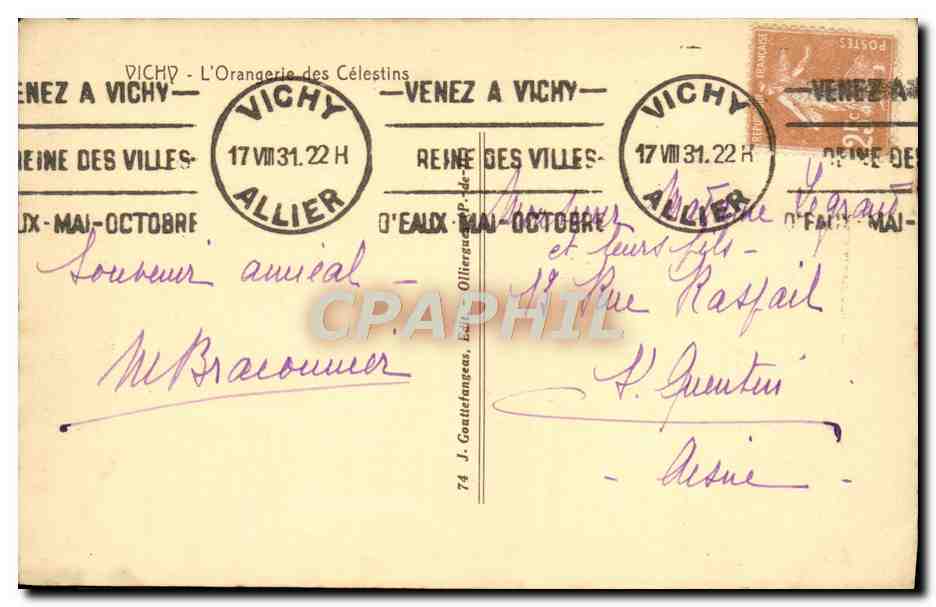 CPA Vichy L'orangerie des Celestins  — Verso