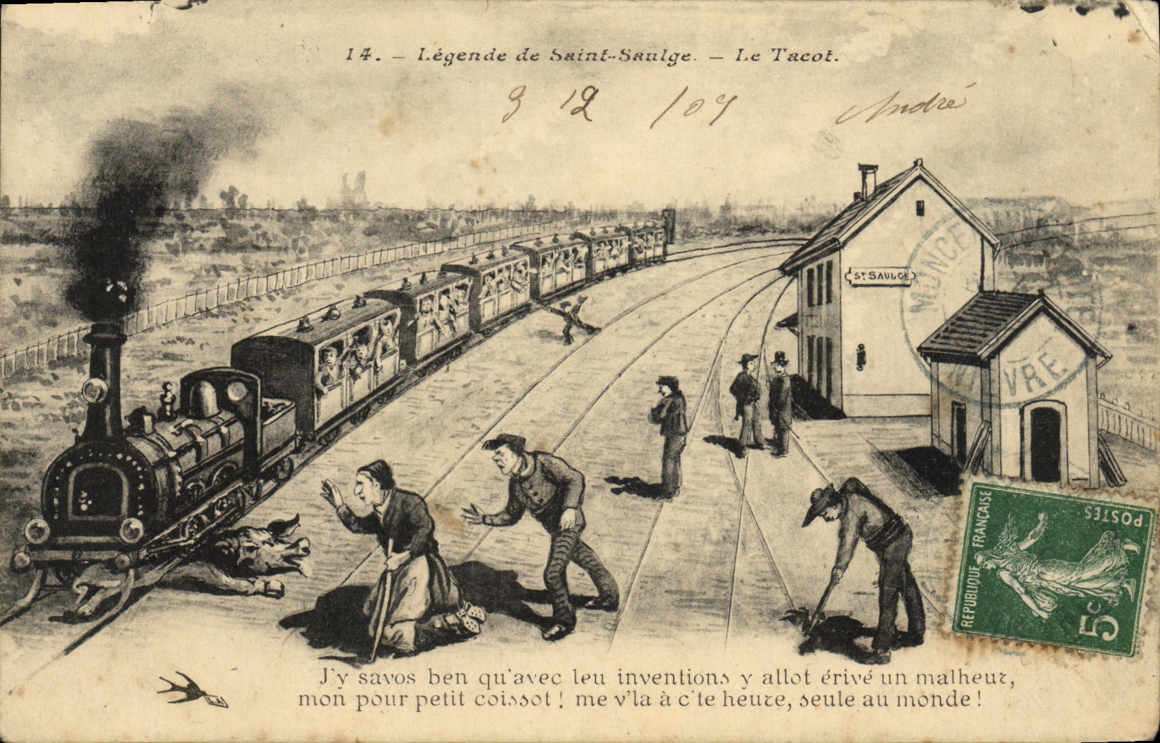 CPA Folklore Legende de St Saulge Le tacot Train Cochon 