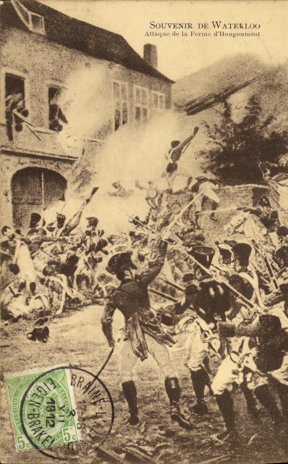 Attack on the Farm of Hougoumont — Souvenir of Waterloo — Publisher: Braine-l'Alleud