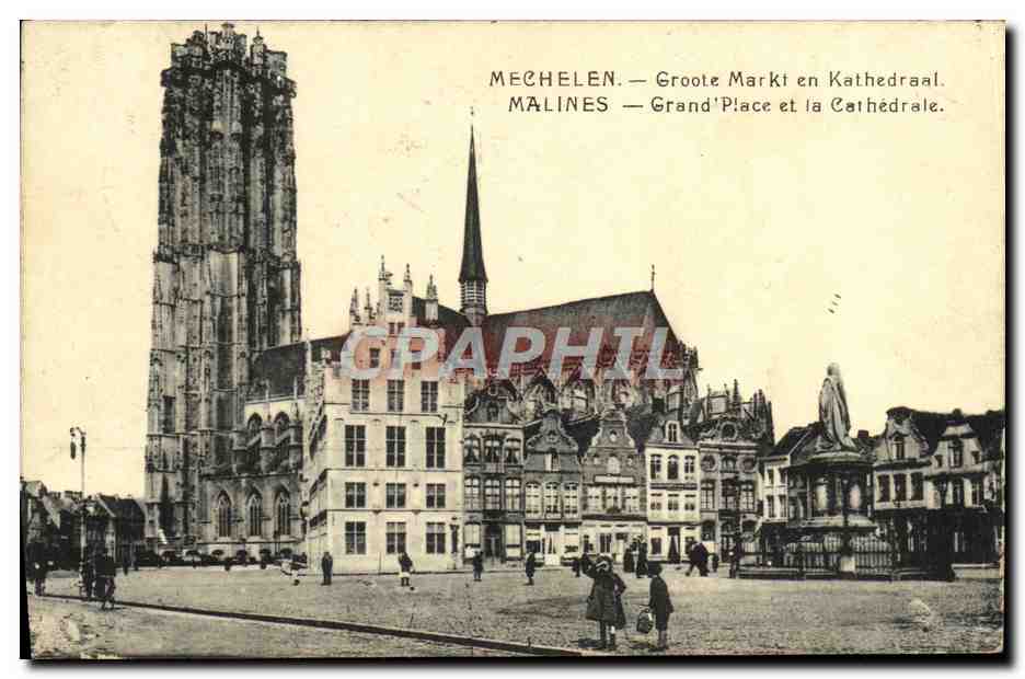 CPA Malines Grand place et cathedrale 