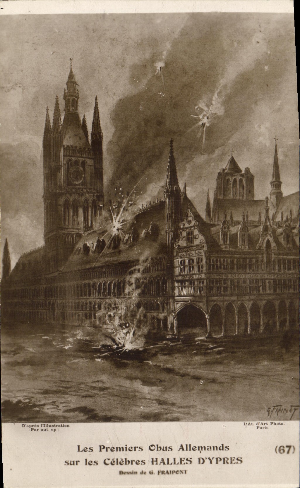 Les Premiers Obus Allemands sur les Célèbres HALLES D'YPRE — Dessin de G. FRAIPONT — I/At. d'Art Photo, Paris (67)