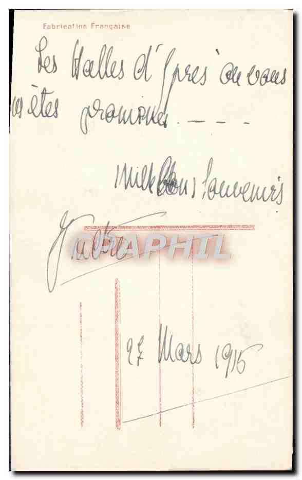 Les Premiers Obus Allemands sur les Célèbres HALLES D'YPRE — Dessin de G. FRAIPONT — I/At. d'Art Photo, Paris (67) — Verso
