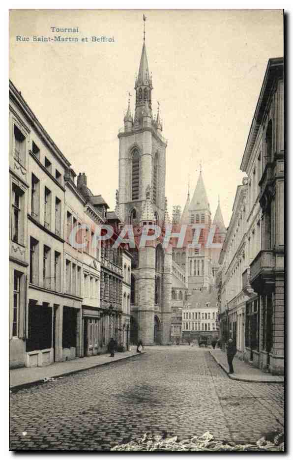 CPA Tournai Rue Saint Martin et Beffroi