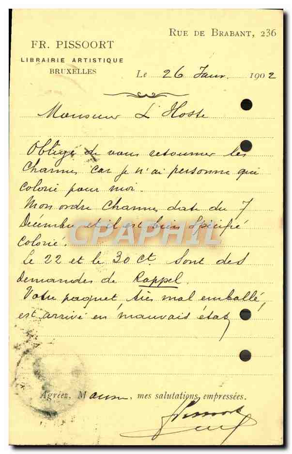 Carte postale Bruxelles Pissoort Librairie artistique a Bruxelles 1902 — Verso