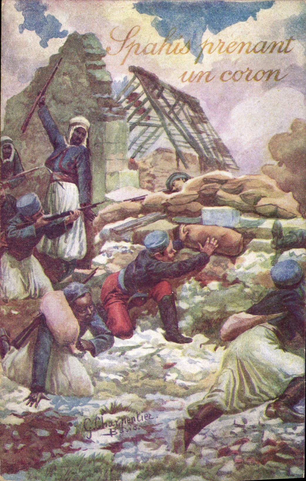 Spahis che prendono un coron — Presa di un coron da parte dei Spahis vicino a Craonne — Illustrazione di Guillaume Mentier, serie Vida Partia N° 2689