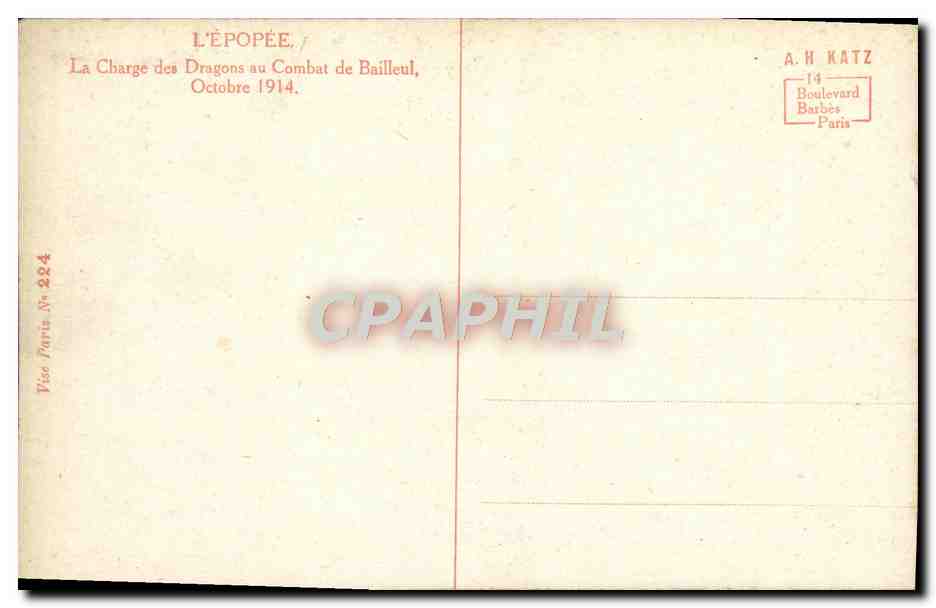 CPA Militaria La charge des Dragons au combat de Bailleul 1914 Chevaux — Rückseite