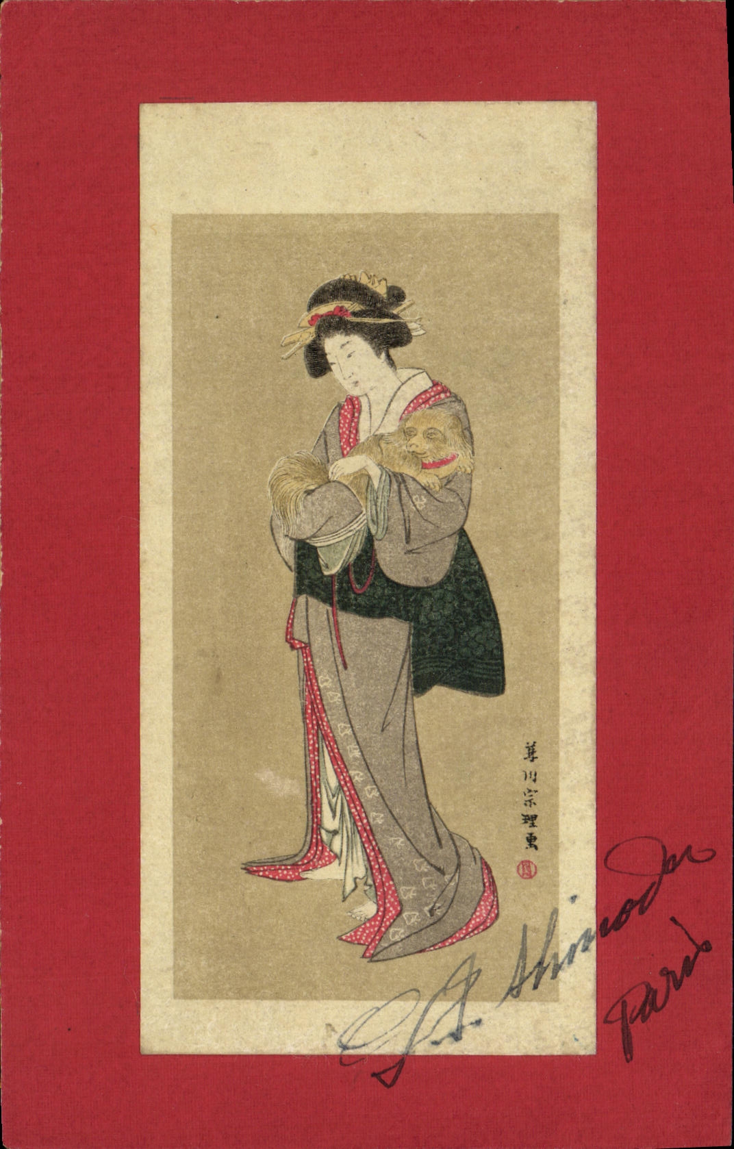 Jeune femme japonaise tenant un chat — gravure de Shimoda — éditeur Paris