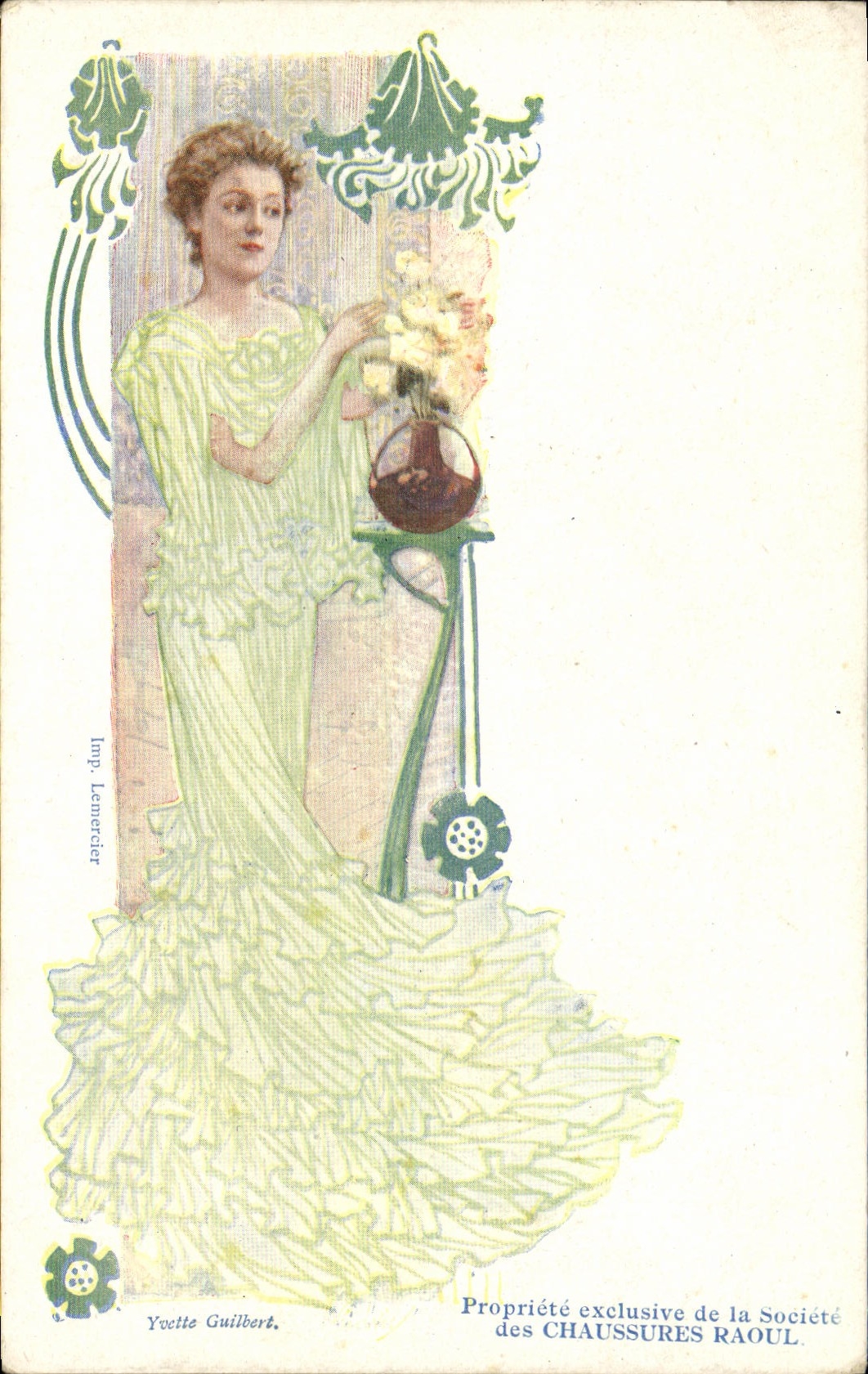Femme en robe de style Art Nouveau — illustration publicitaire pour Chaussures Raoul — Imp. Lemercier
