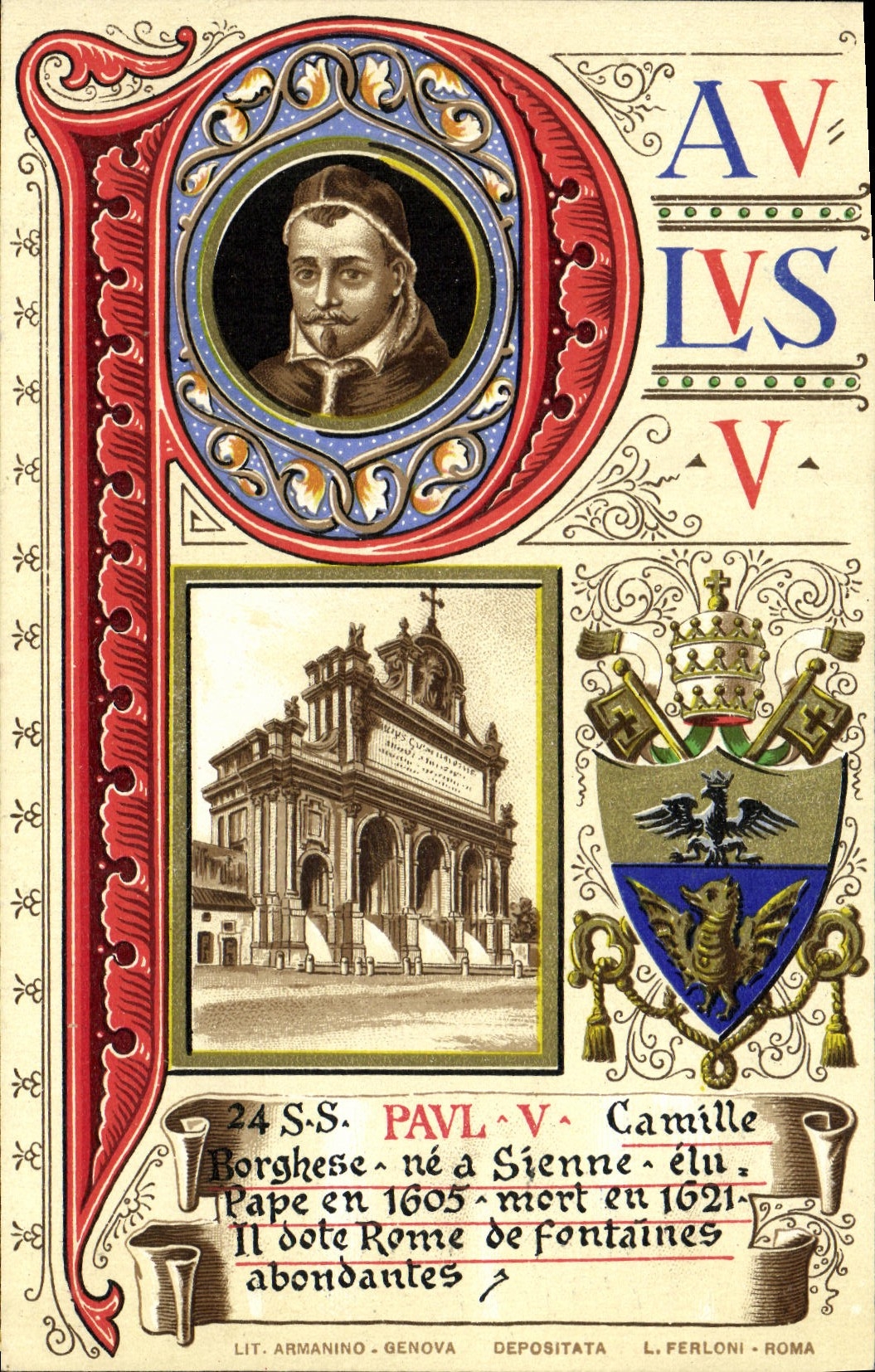 Pape Camille Borghèse — né à Sienne, élu en 1605, mort en 1621 — Lit. Armanino, Genova