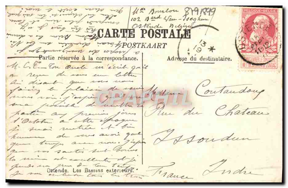 Ostende — Les Bassins extérieurs — Carte postale — Verso