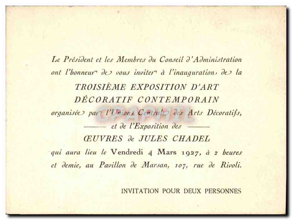 Carton invitation Oeuvre de Jules Chadel 1927 — Rückseite