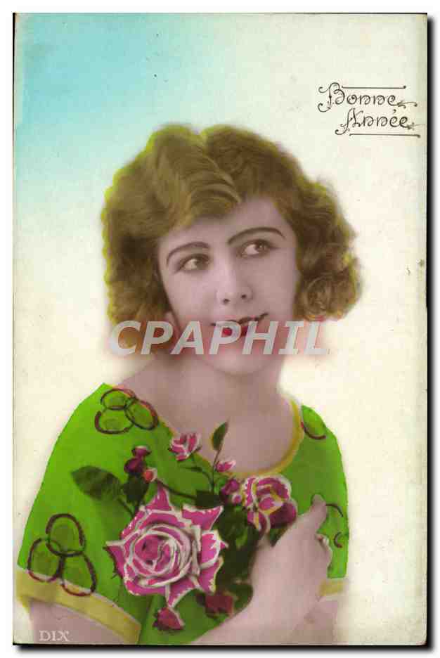 Jeune femme en robe verte à roses — Bonne Année — DIX