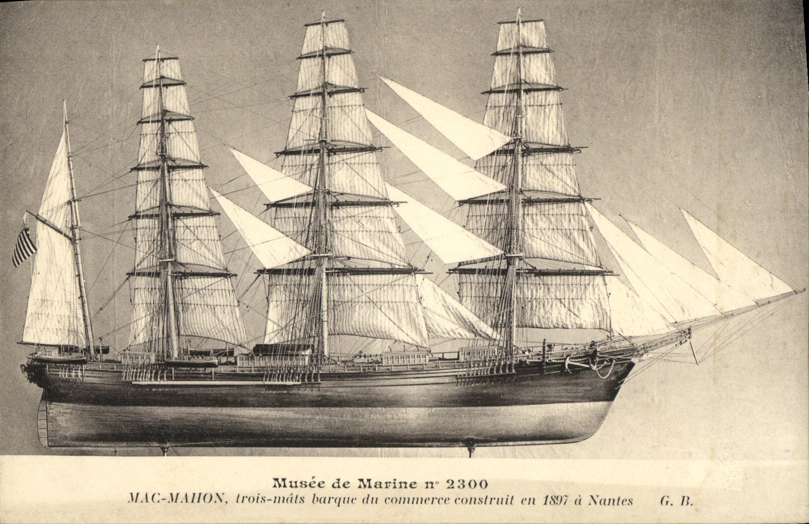 MAC-MAHON, trois-mâts barque du commerce — construit en 1897 à Nantes — Musée de Marine n° 2300 — G. B.