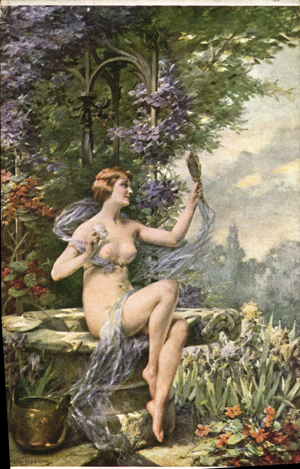 Femme nue dans un jardin — toile de Mlle L. Abbema — édition Salon de Paris, n° 1471