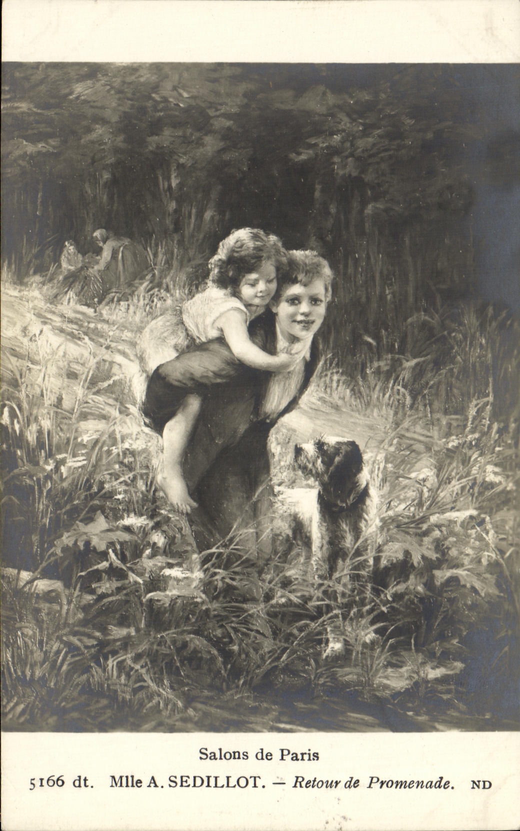 CPA Fantaisie Salons de Paris Mlle A Sedillot Retour de promenade Enfants Chien 