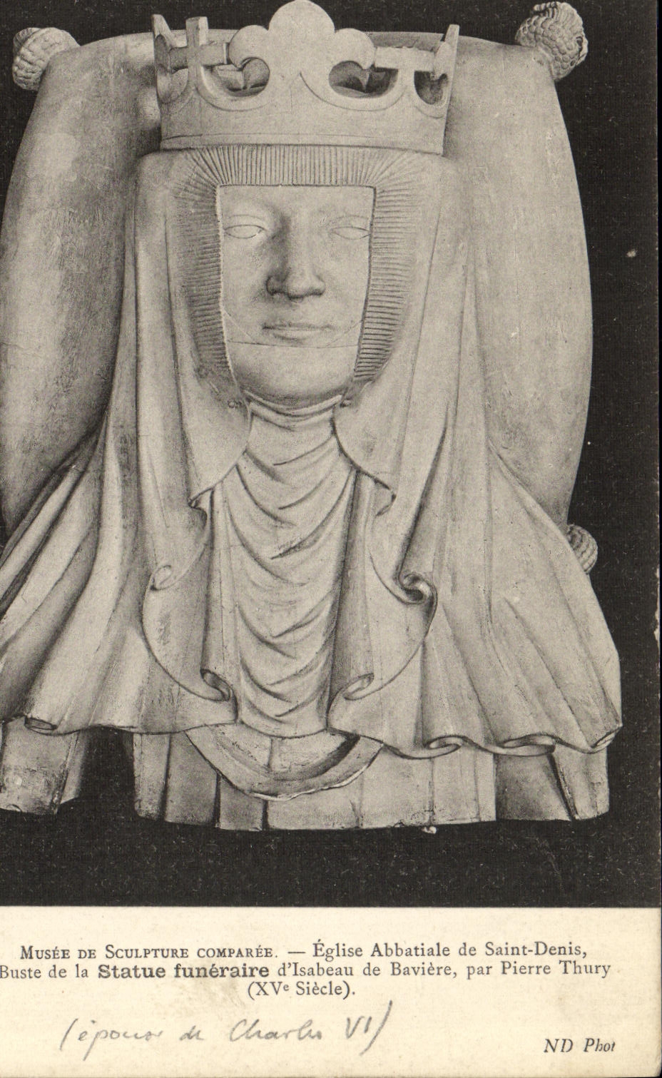 Buste de la statue funéraire d'Isabeau de Bavière — Musée de Sculpture Comparée, Église Abbatiale de Saint-Denis — par Pierre Thury (XVe siècle)