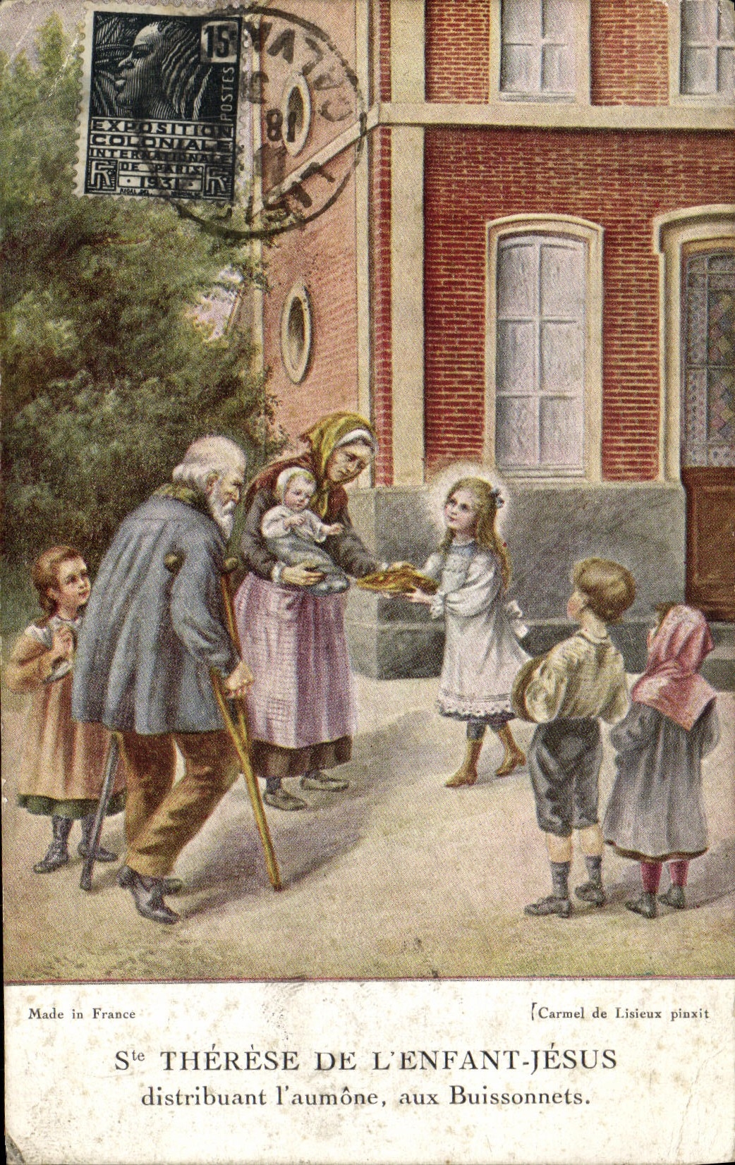 Sainte Thérèse de l'Enfant-Jésus distribuant l'aumône, aux Buissonnets — Carmel de Lisieux pinxit — Made in France