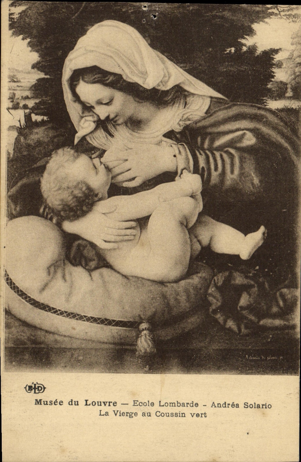 CPA Fantaisie Musee du Louvre Paris Ecole lombarde Andrea Soalrio lavierge au coussin vert