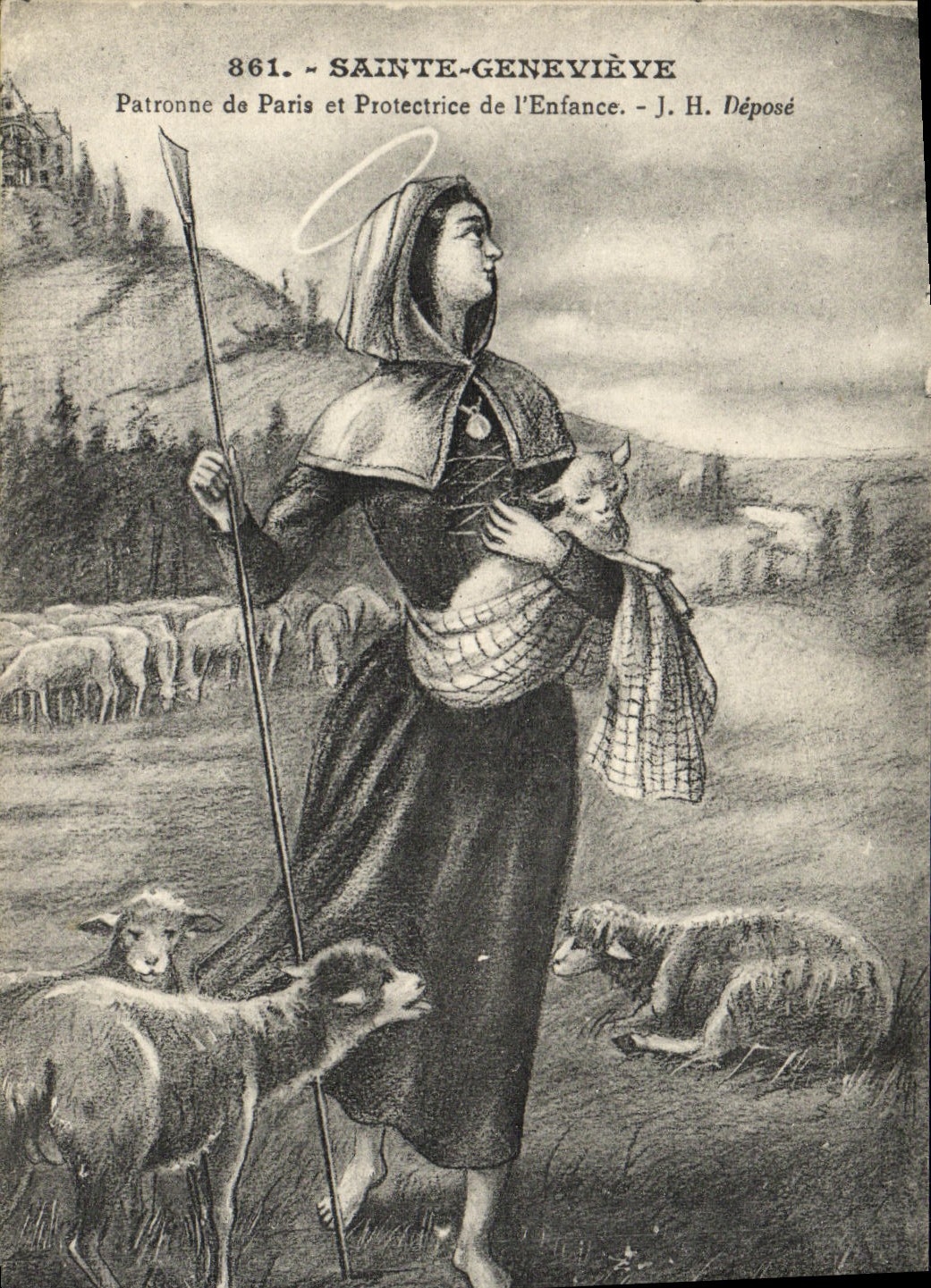 CPA Fantaisie Sainte Genevieve Patronne de Paris et protectrice de l'enfance Moutons