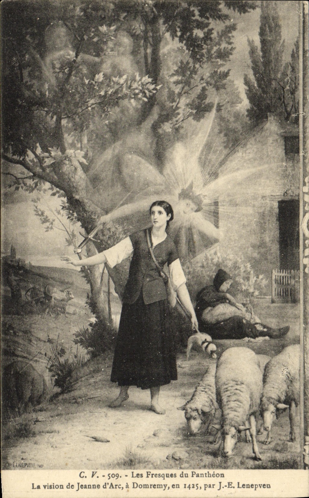 CPA Fantaisie Fresques du Pantheon Vision de Jeanne d'arc a Domremy Lenepveu Moutons 
