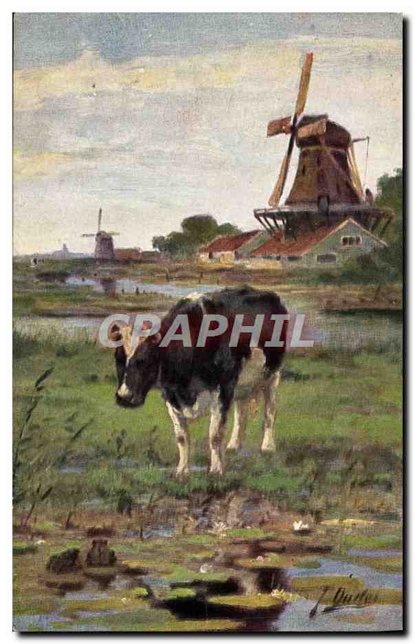 CPA Fantaisie Vache Moulin a vent 