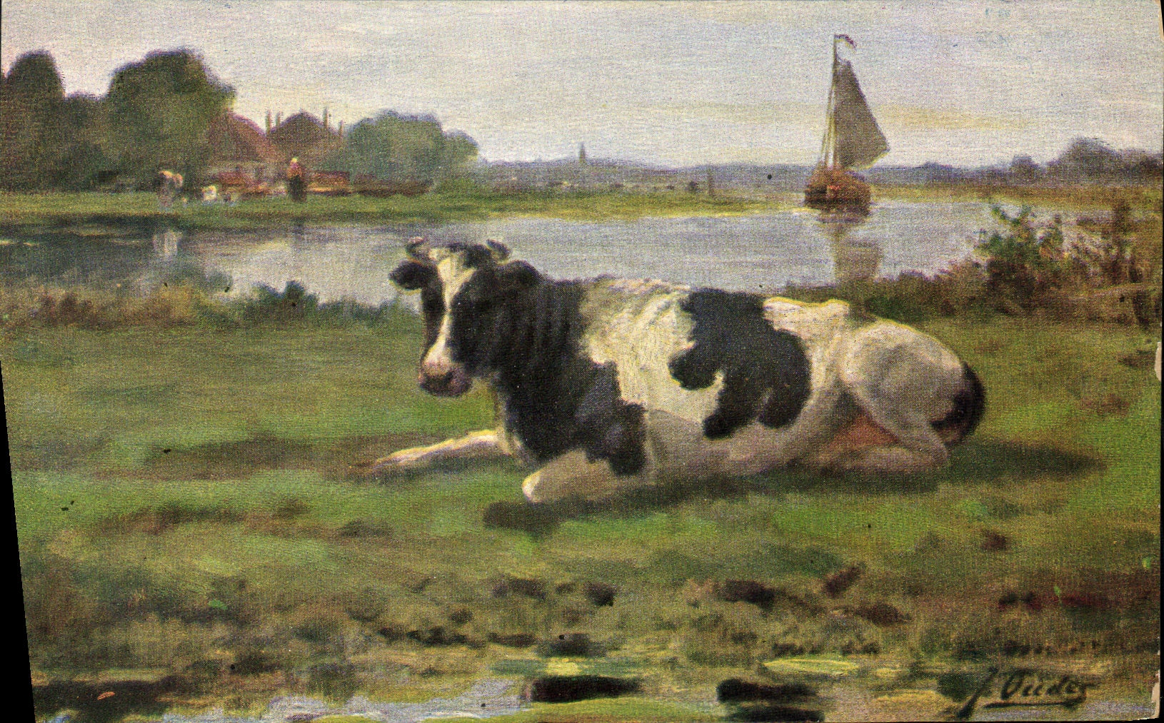 Vache au bord d'un étang — paysage hollandais — J. Oudey