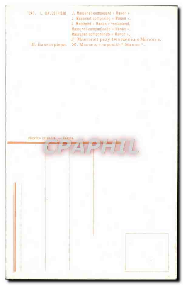 CPA Fantaisie Balestrieri Massenet composant Manon  — Verso