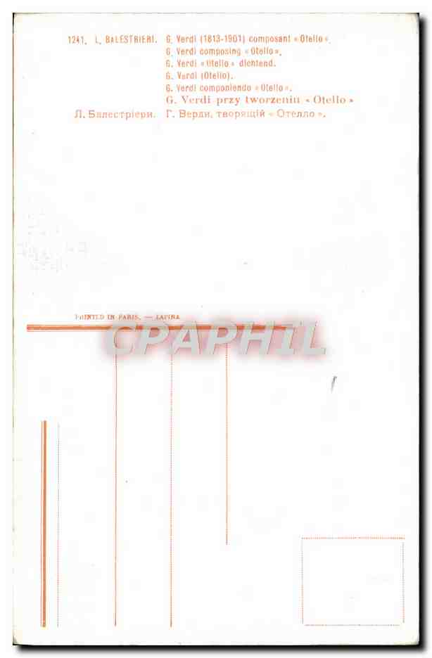 CPA Fantaisie Balestrieri Verdi composant Otello — Verso