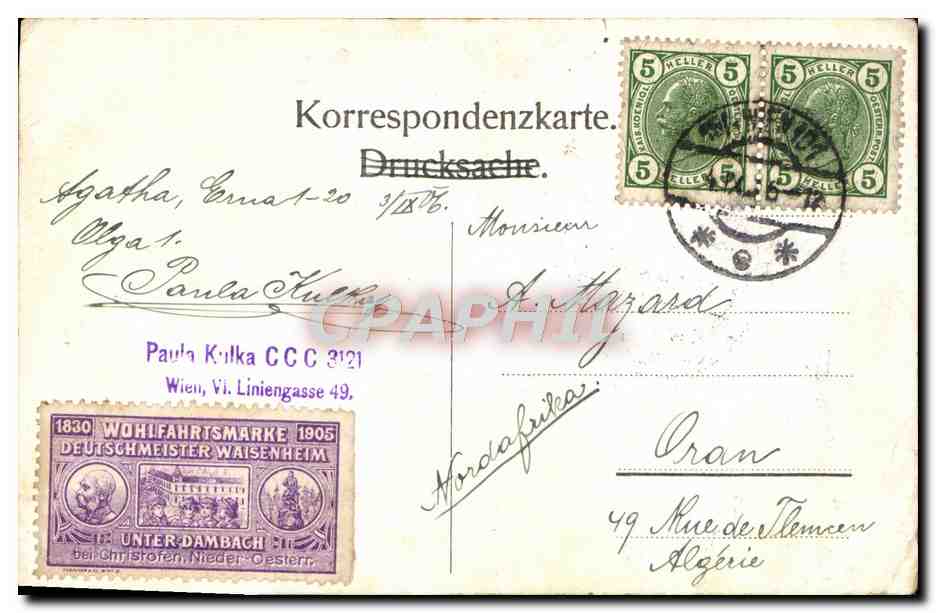 CPA Wien Mozart Denkmal Vignette Waisenhaim Unter Dambach  — Rückseite