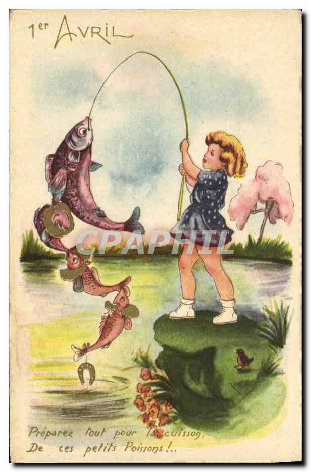CPA Fantaisie Enfant Peche Poissons 1er avril Paques