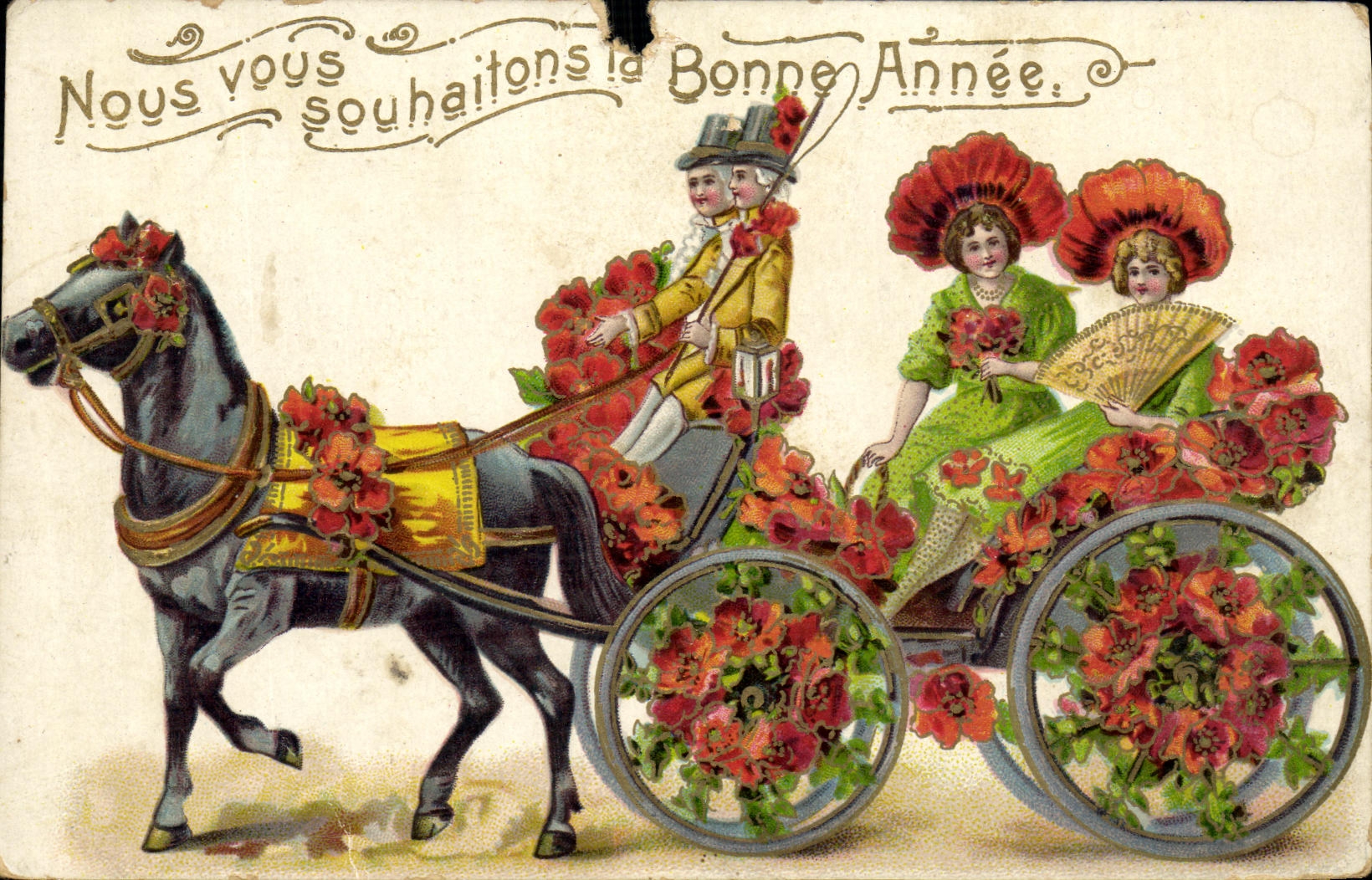 CPA Fantaisie Femme Char Eventail Chevaux