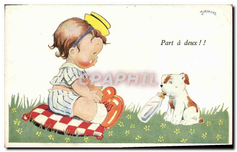 CPA Fantaisie Enfant Bebe chien