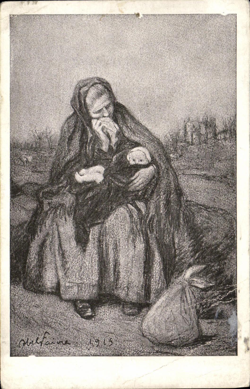 Mère avec enfant — scène de guerre — Melfaine 1915