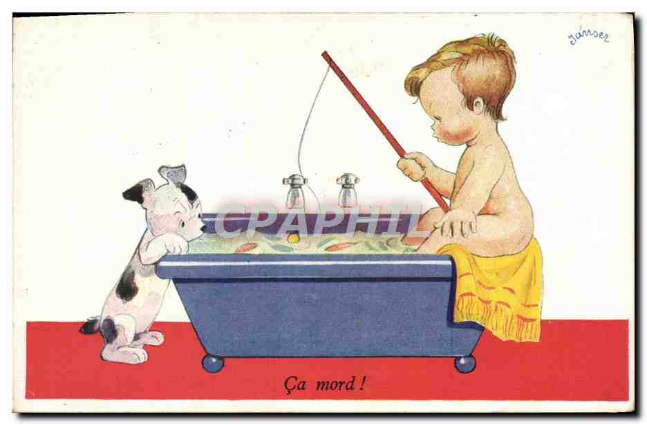 Enfant et chien pêchant dans une baignoire — Jamser — n°4510