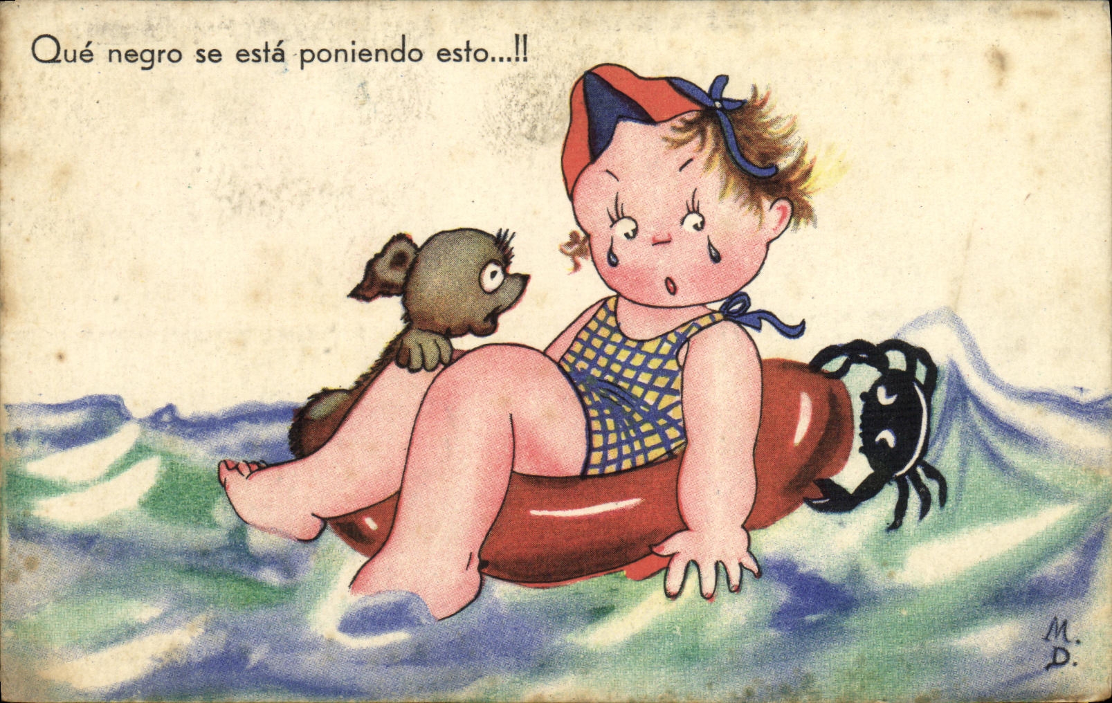 CPA Fantaisie Enfant sur une bouee Crabe Chien 