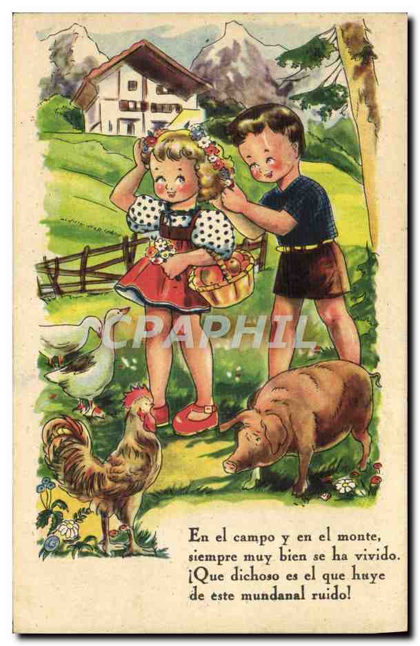 CPA Fantaisie Enfant sCochon Porc Coq Canard