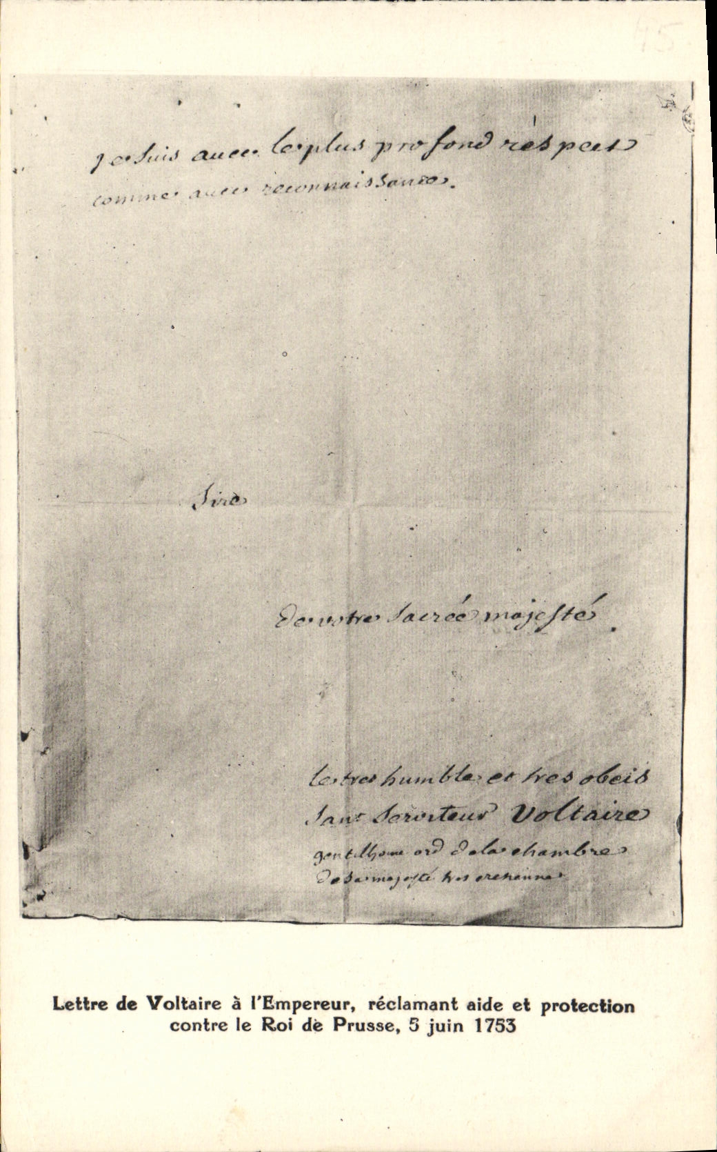 CPA Lettre de Voltaire a l'Empereur reclamant aide et protection contre le roi de Prusse 1753
